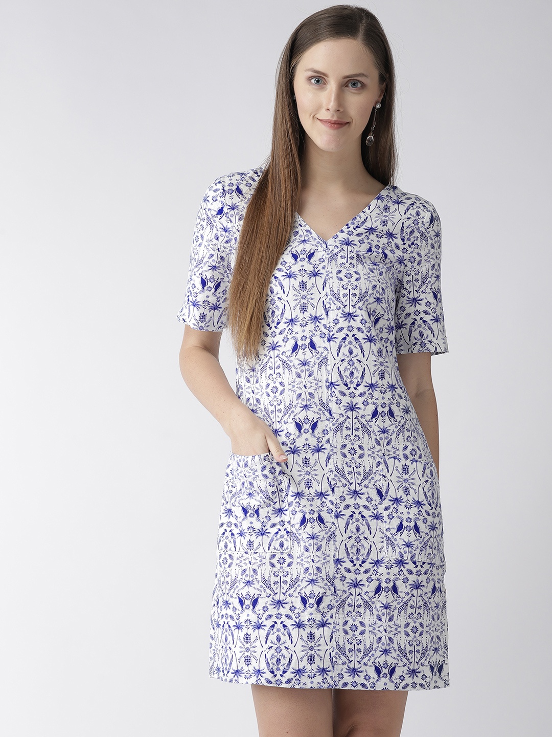 

Marks & Spencer Women White & Blue Quirky Printed Shift Dress