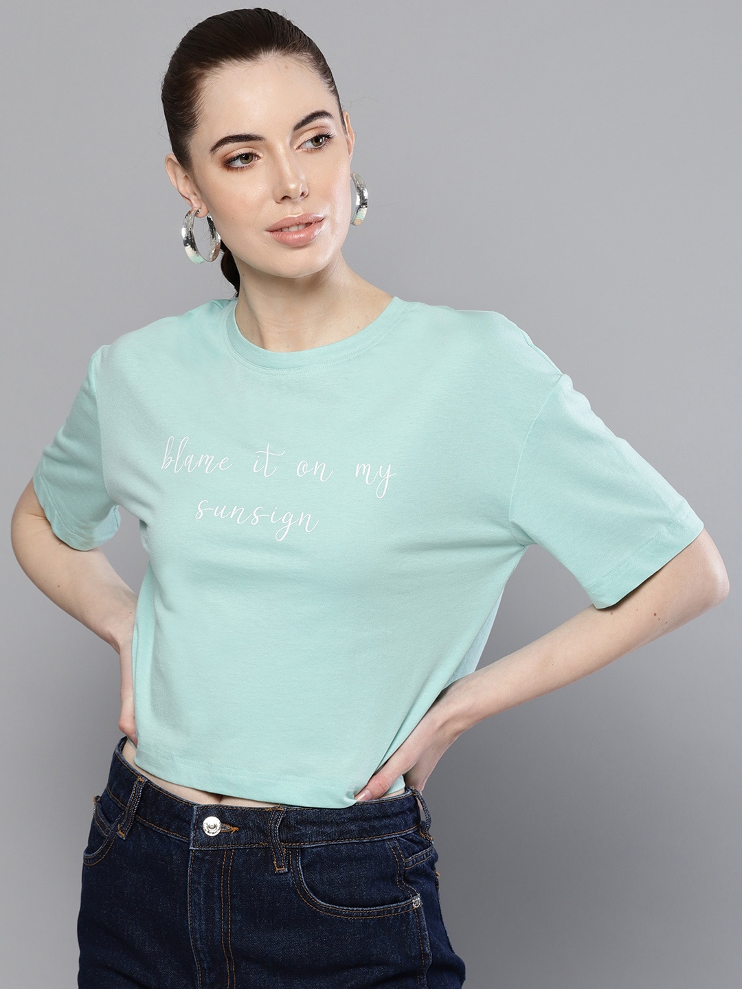 

Besiva Women Green Printed Round Neck Boxy T-shirt