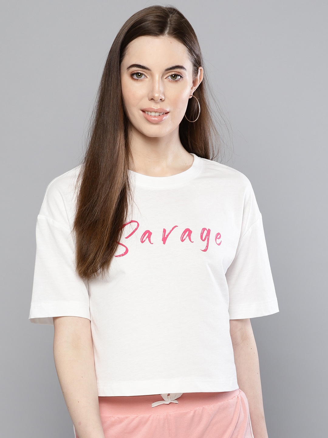 

Besiva Women White Printed Round Neck Boxy T-shirt