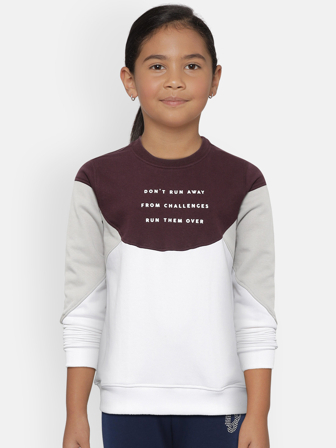 

HRX by Hrithik Roshan Girls Burgundy & White Colourblocked Lifestyle Sweatshirt