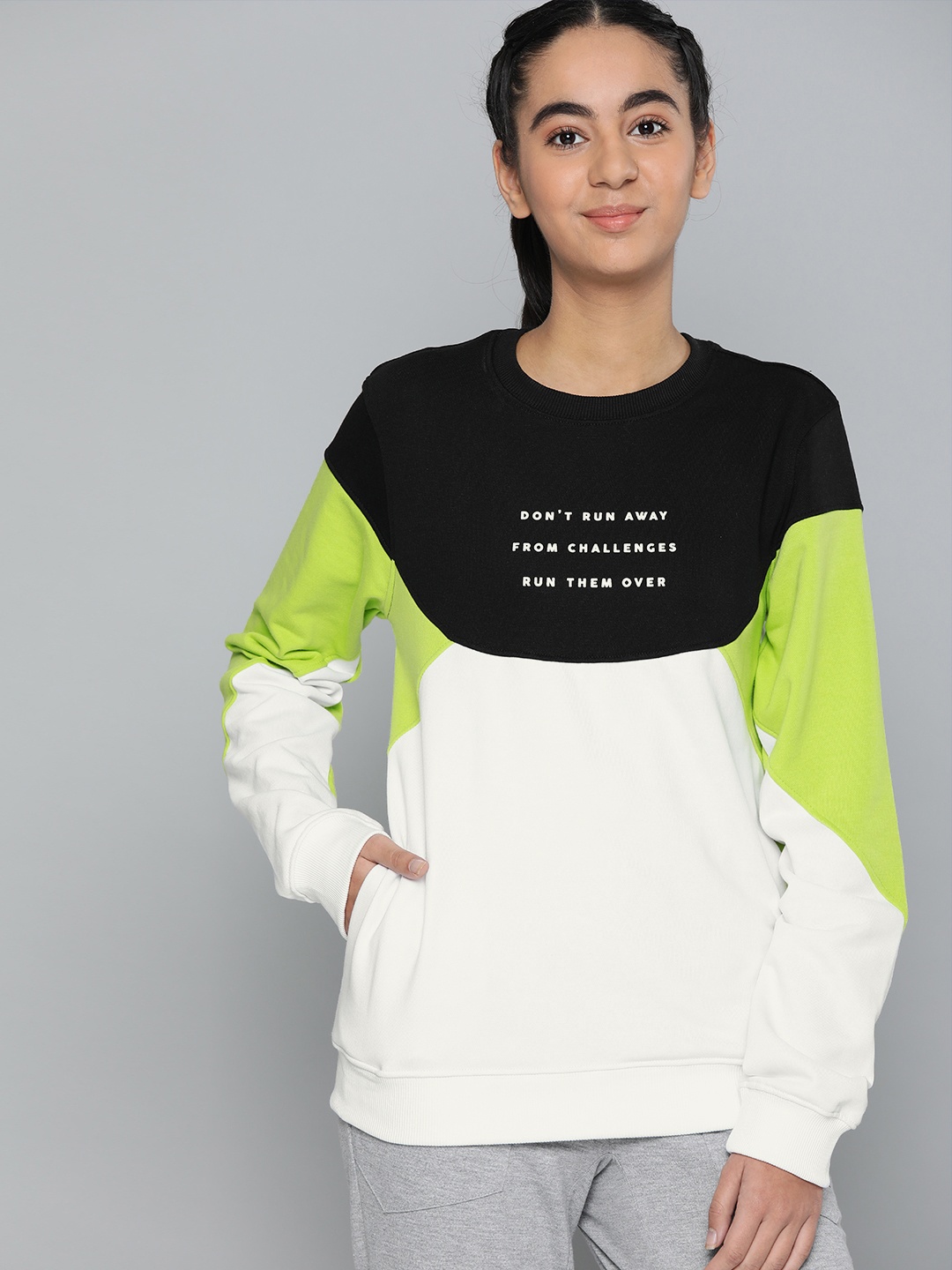 

HRX by Hrithik Roshan Girls White & Black Colourblocked Lifestyle Sweatshirt