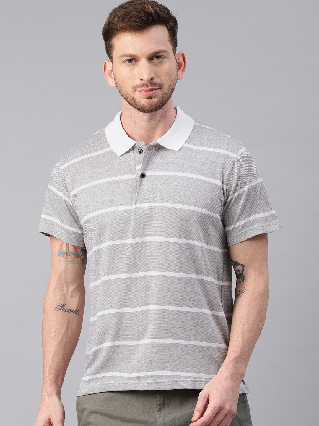 

Kryptic Men Grey Melange White Striped Polo Collar Pure Cotton T-shirt