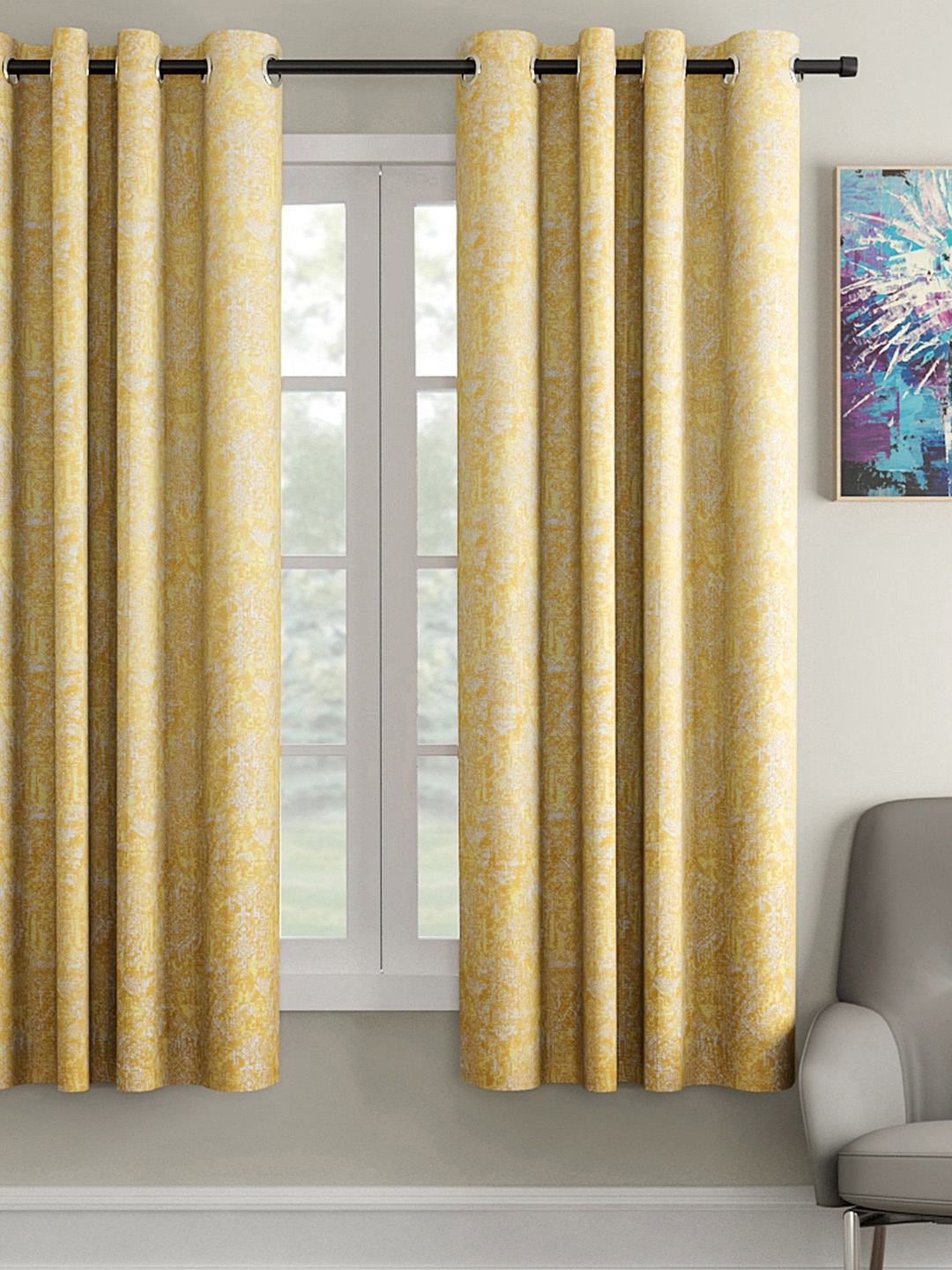 

Soumya Mustard Yellow & White Printed Set of Single Window Curtain