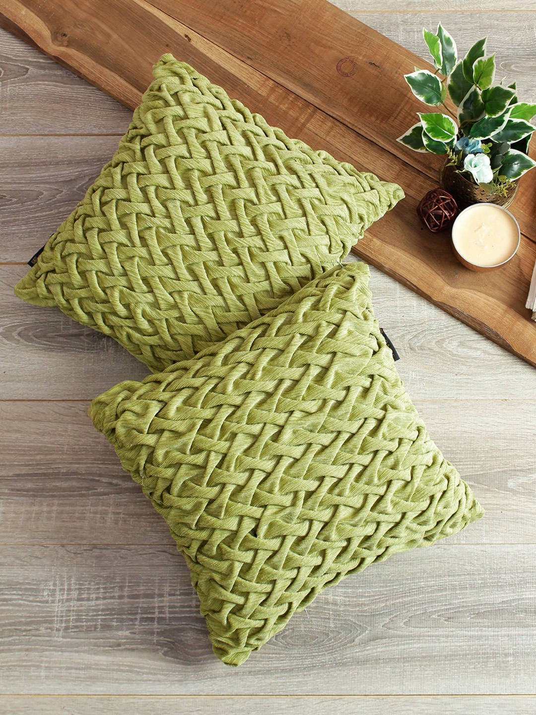 

ROMEE Green Set of 2 Lime Green Square Woven Design Cushion Covers