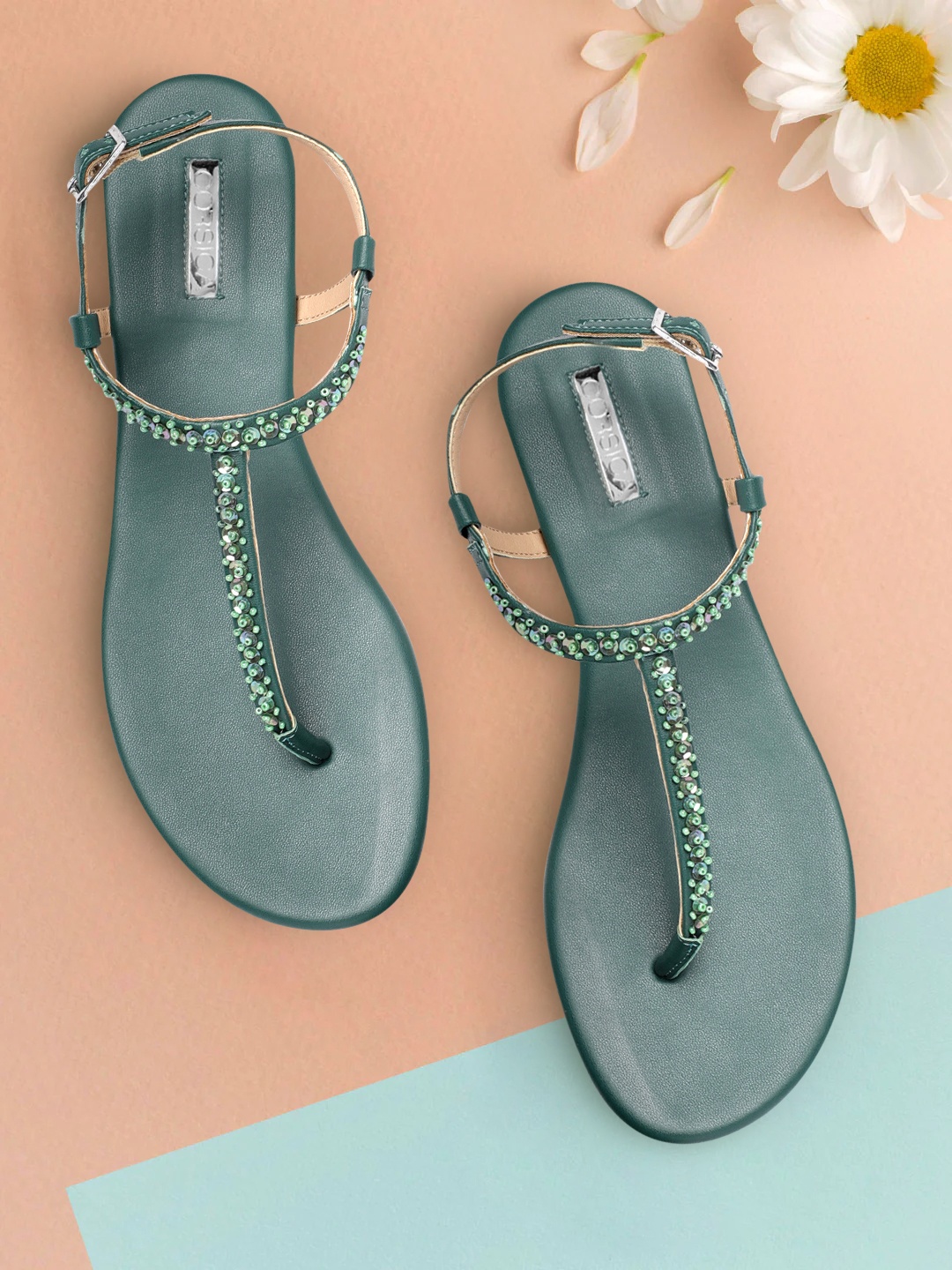 

CORSICA Women Green Solid T-Strap Flats
