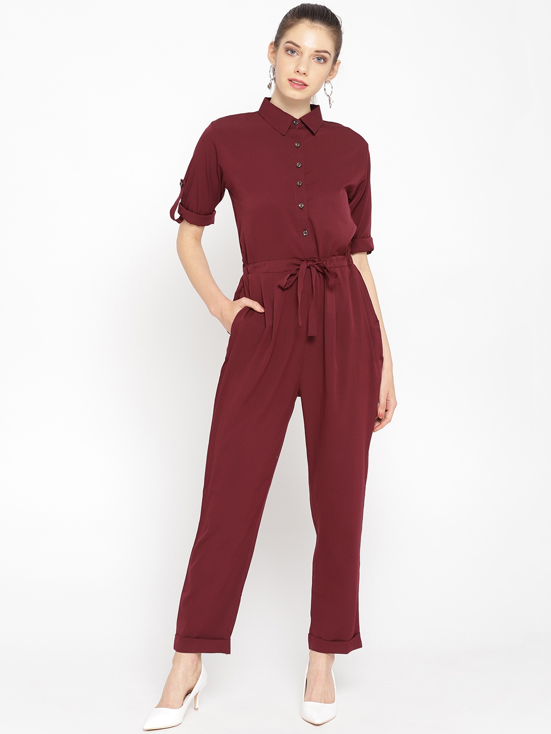 

Cottinfab Women Burgundy Solid Basic Jumpsuit