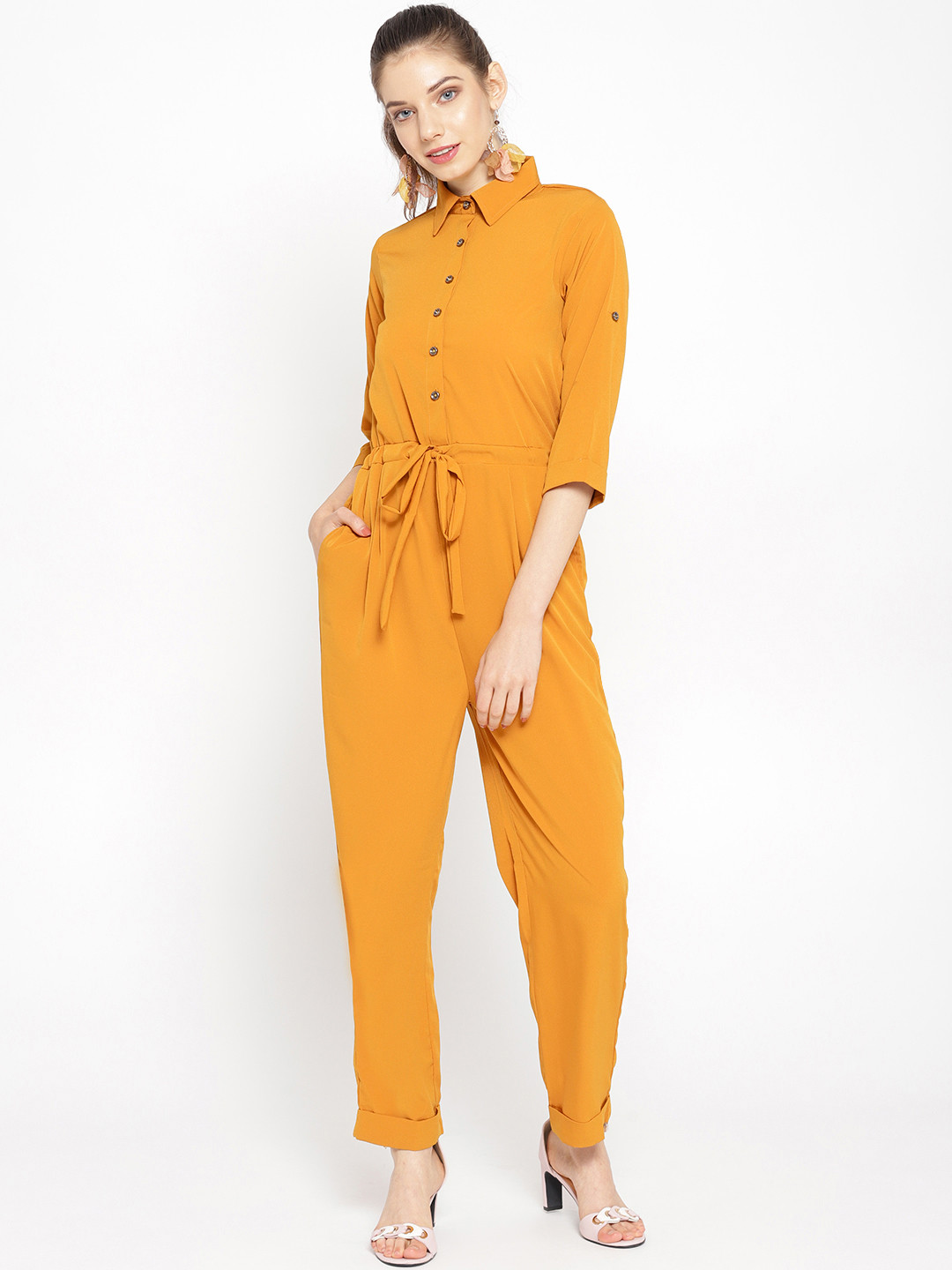 

Cottinfab Women Mustard Yellow Solid Basic Jumpsuit