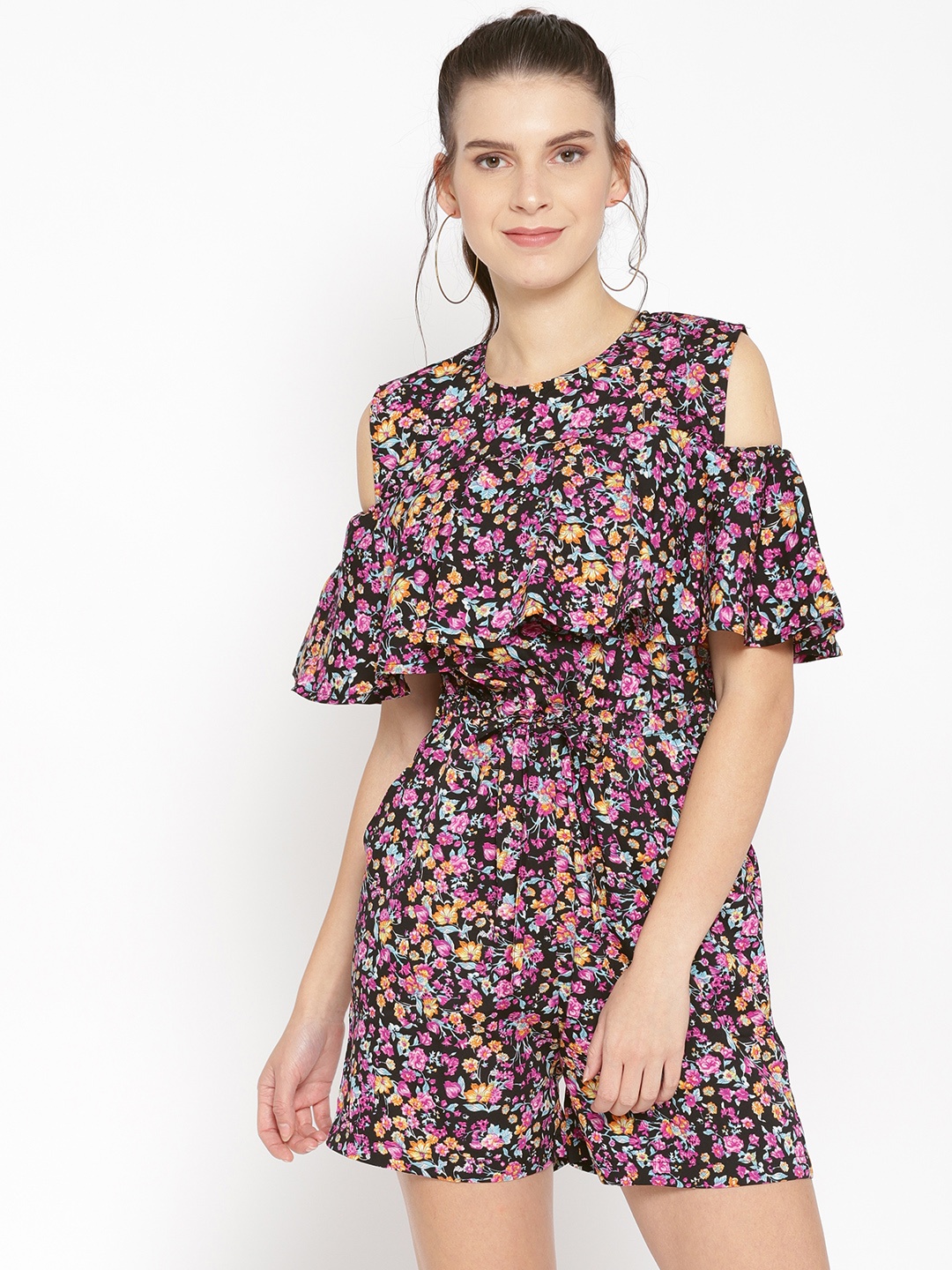 

Cottinfab Women Pink & Black Printed Layered Playsuit