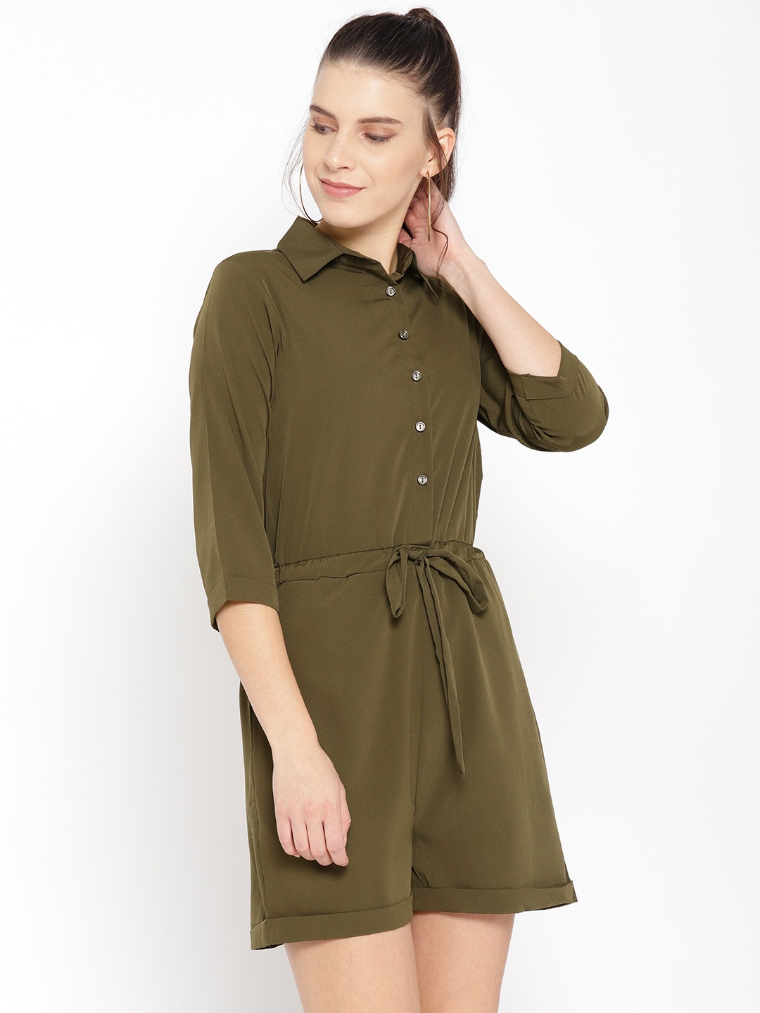 

Cottinfab Women Olive Green Solid Playsuit