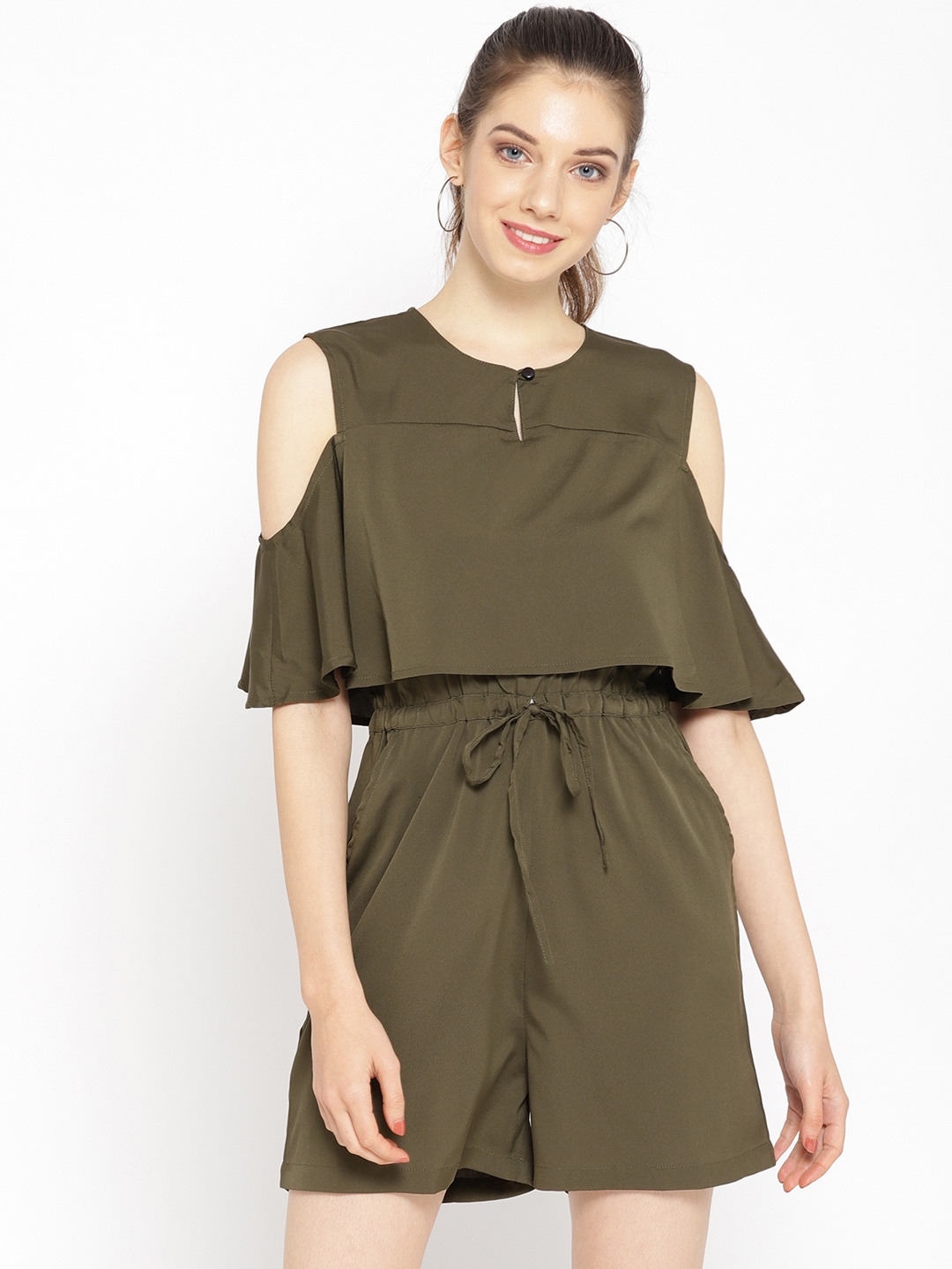 

Cottinfab Women Olive Brown Solid Layered Playsuit