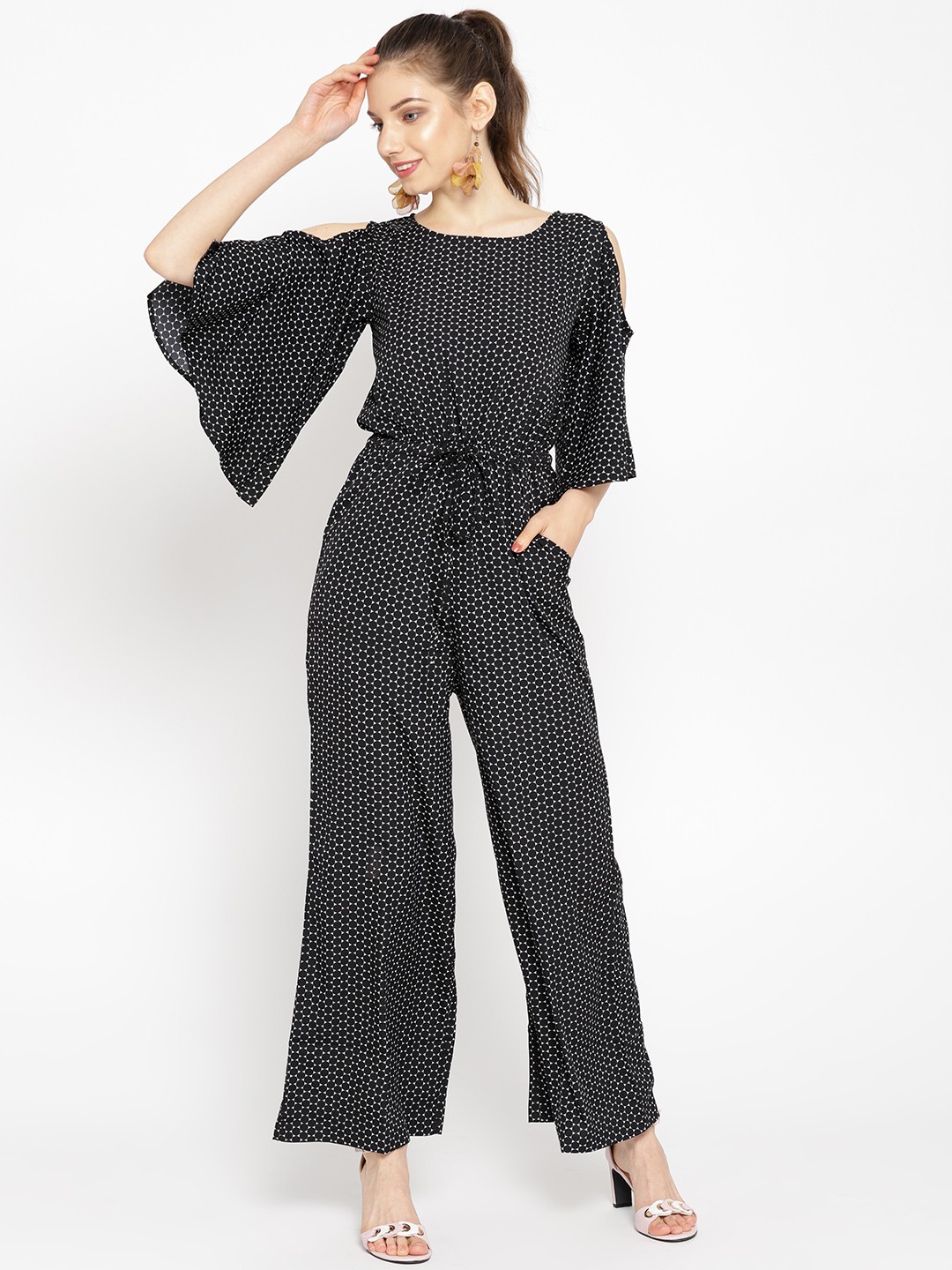 

Cottinfab Women Black & White Printed Basic Jumpsuit