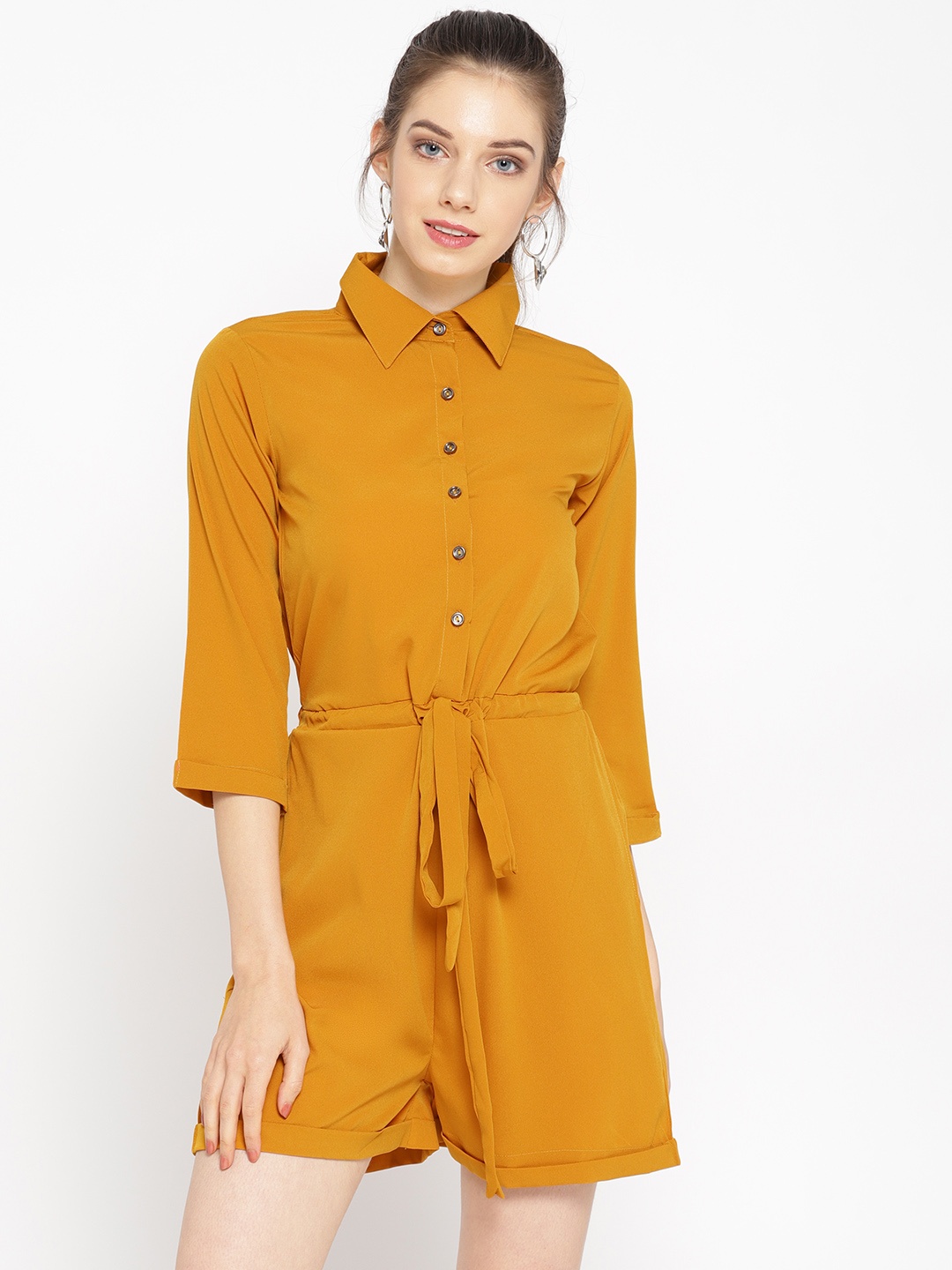 

Cottinfab Women Mustard Yellow Solid Playsuit