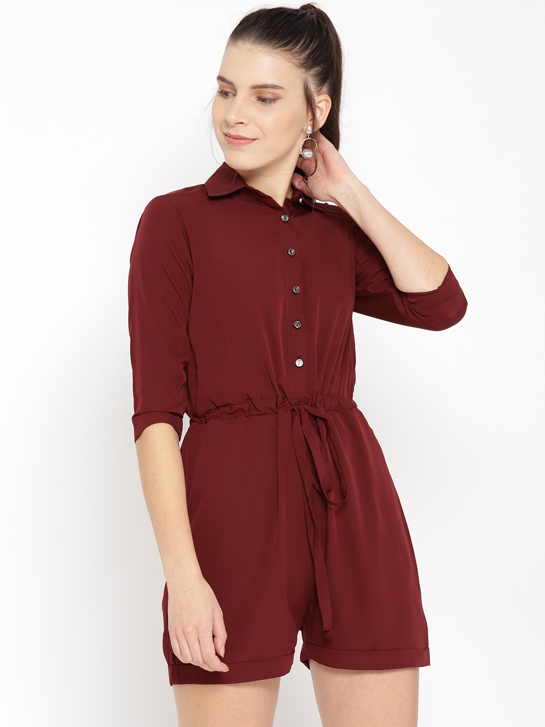 

Cottinfab Women Burgundy Solid Playsuit