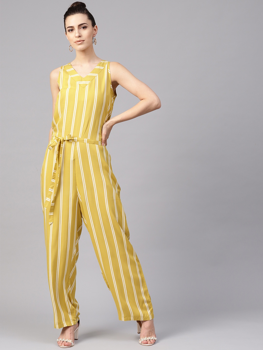 

Yuris Women Lime Green & White Striped Basic Jumpsuit