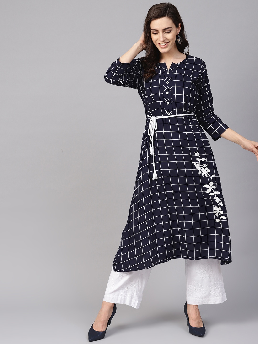 

Yuris Women Navy Blue & White Checked A-Line Kurta