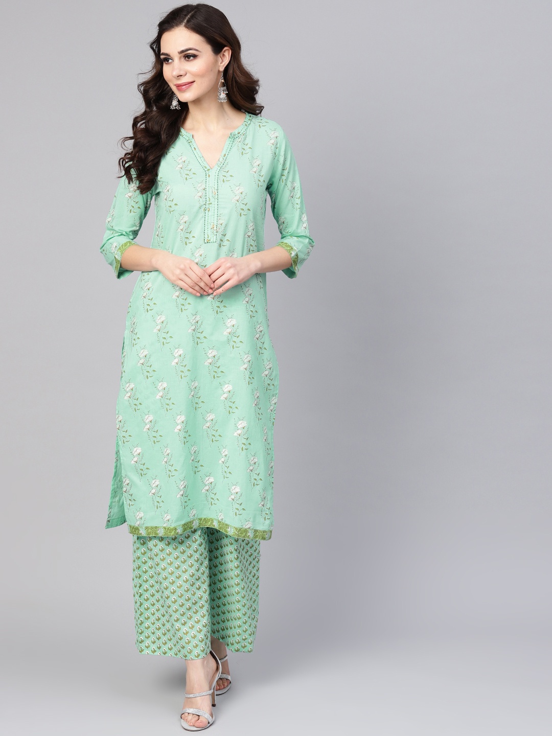 

Yuris Women Sea Green & White Printed Kurta with Palazzos