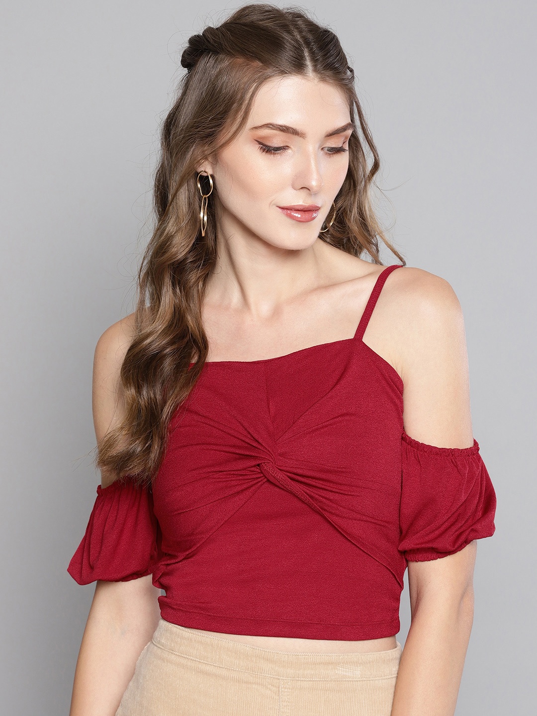 

Veni Vidi Vici Women Maroon Solid Crop Bardot Top