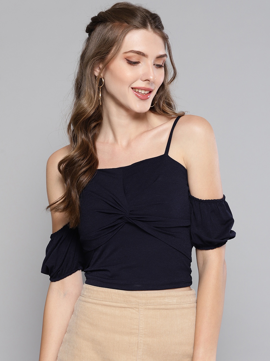

Veni Vidi Vici Women Navy Blue Solid Bardot Top