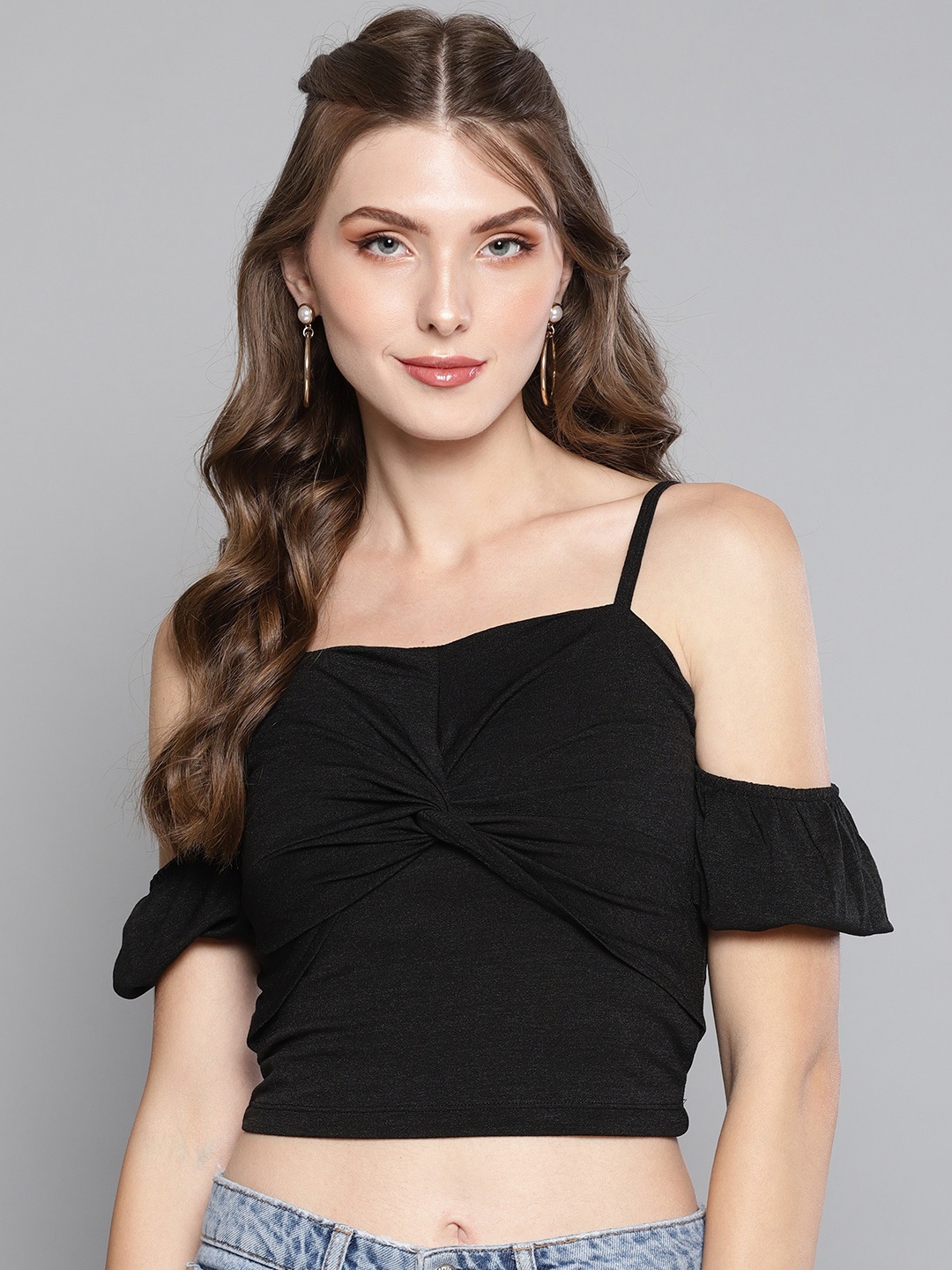 

Veni Vidi Vici Women Black Solid Crop Bardot Top