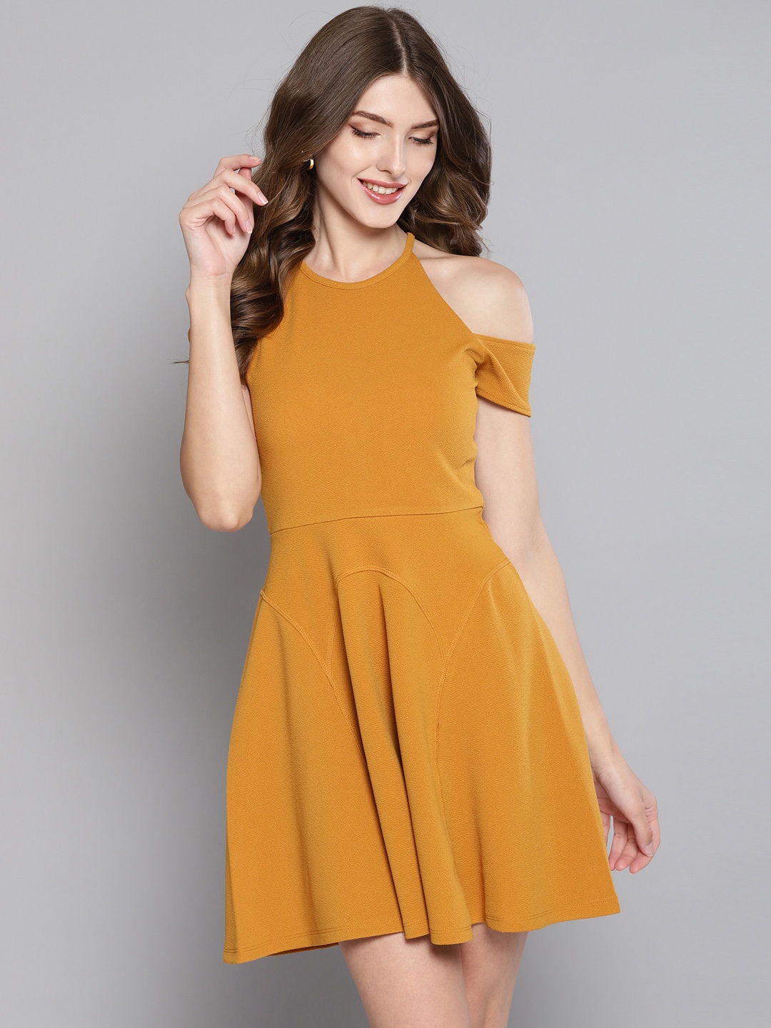 

Veni Vidi Vici Women Mustard Yellow Solid Cold-Shoulder Fit and Flare Dress