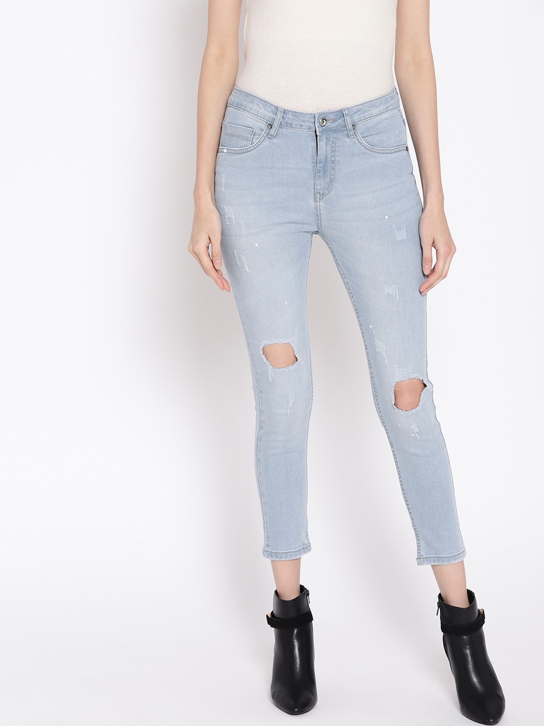 

The Roadster Lifestyle Co Women Blue Skinny Fit Mid-Rise Slash Knee Stretchable Jeans