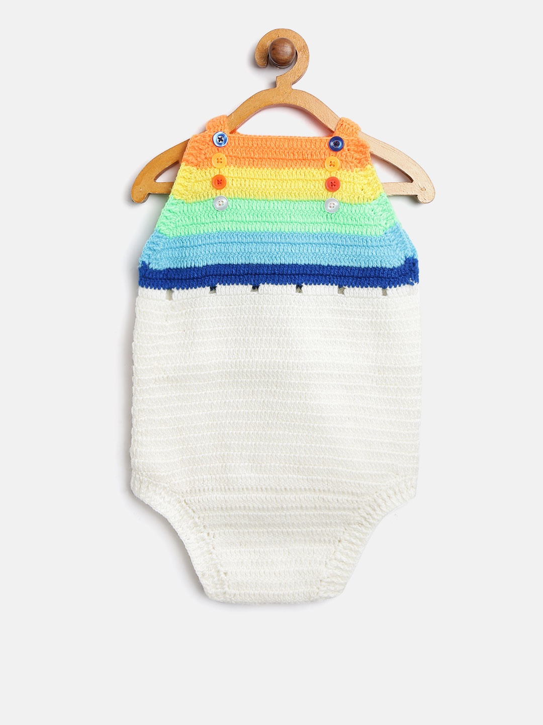 

CHUTPUT Kids White & Blue Self Striped Woollen Bodysuit