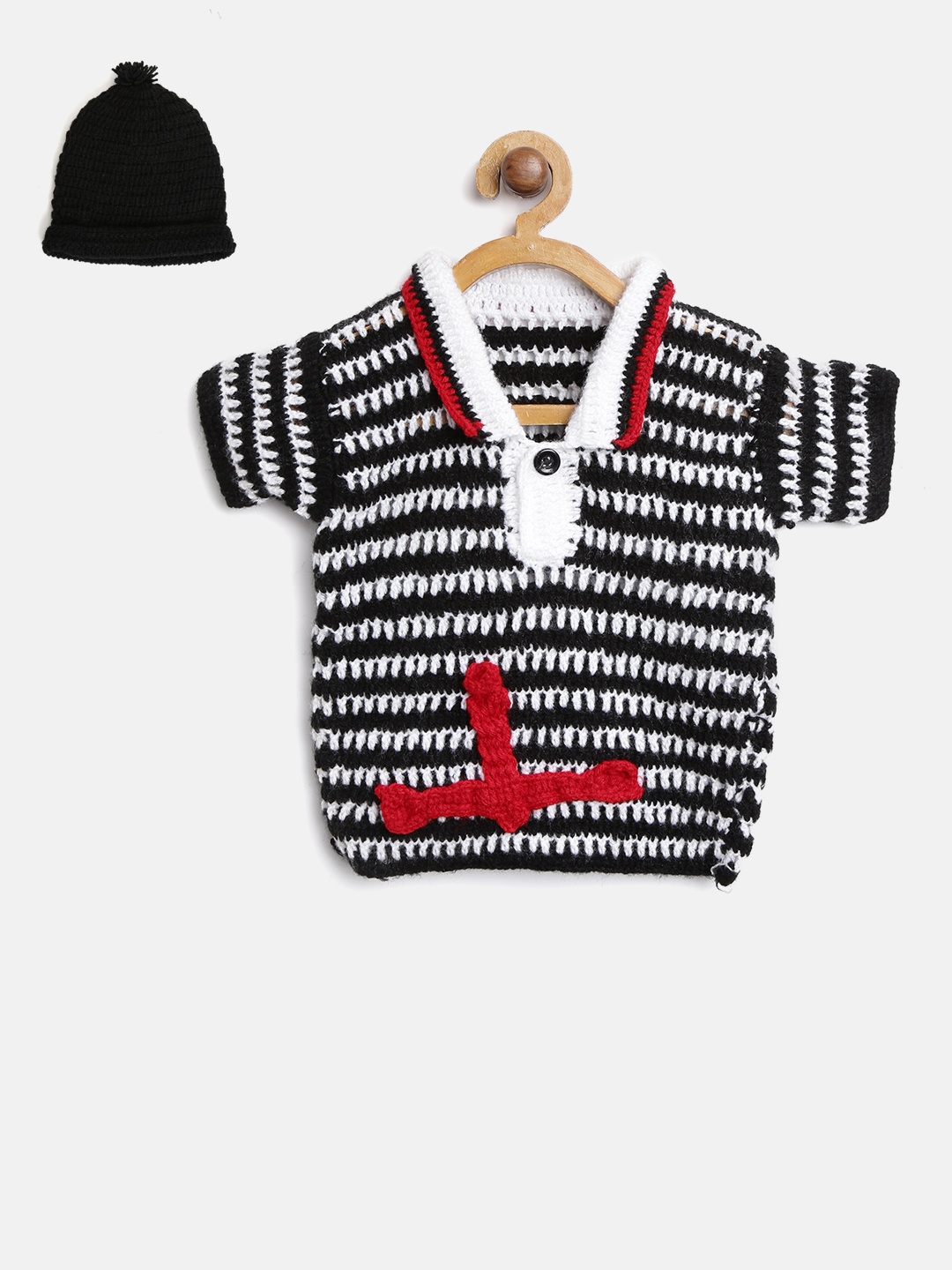

CHUTPUT Kids Black & White Striped Pullover with Beanie