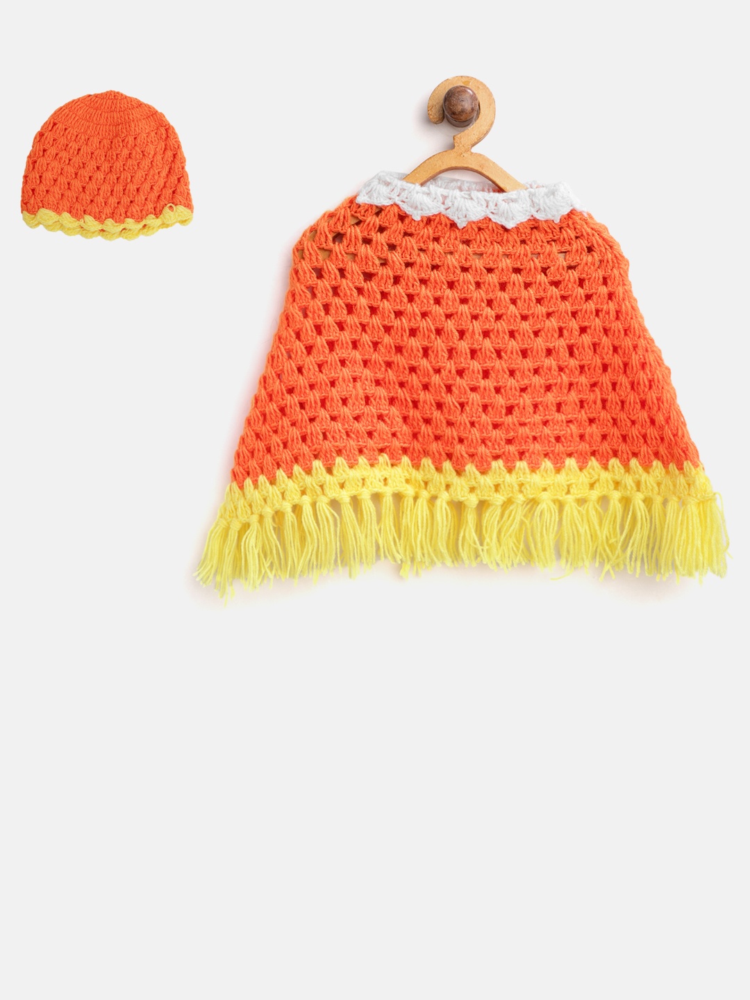 

CHUTPUT Girls Orange & Yellow Colourblocked Open Knit Poncho with Beanie Cap