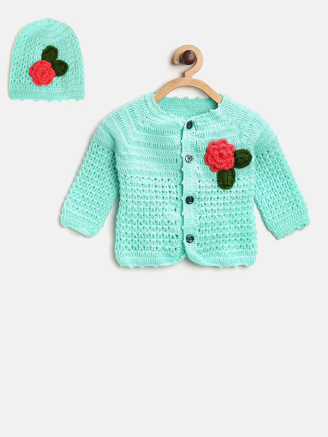 

CHUTPUT Kids Sea Green Self Design Cardigan with Applique Detail