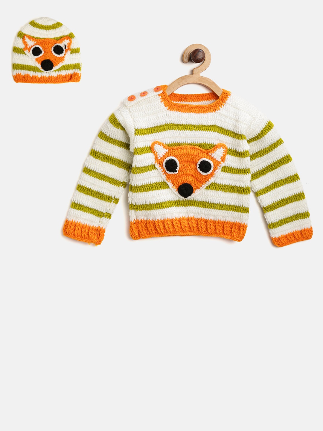 

CHUTPUT Kids White & Olive Green Striped Sweater with Applique Detail