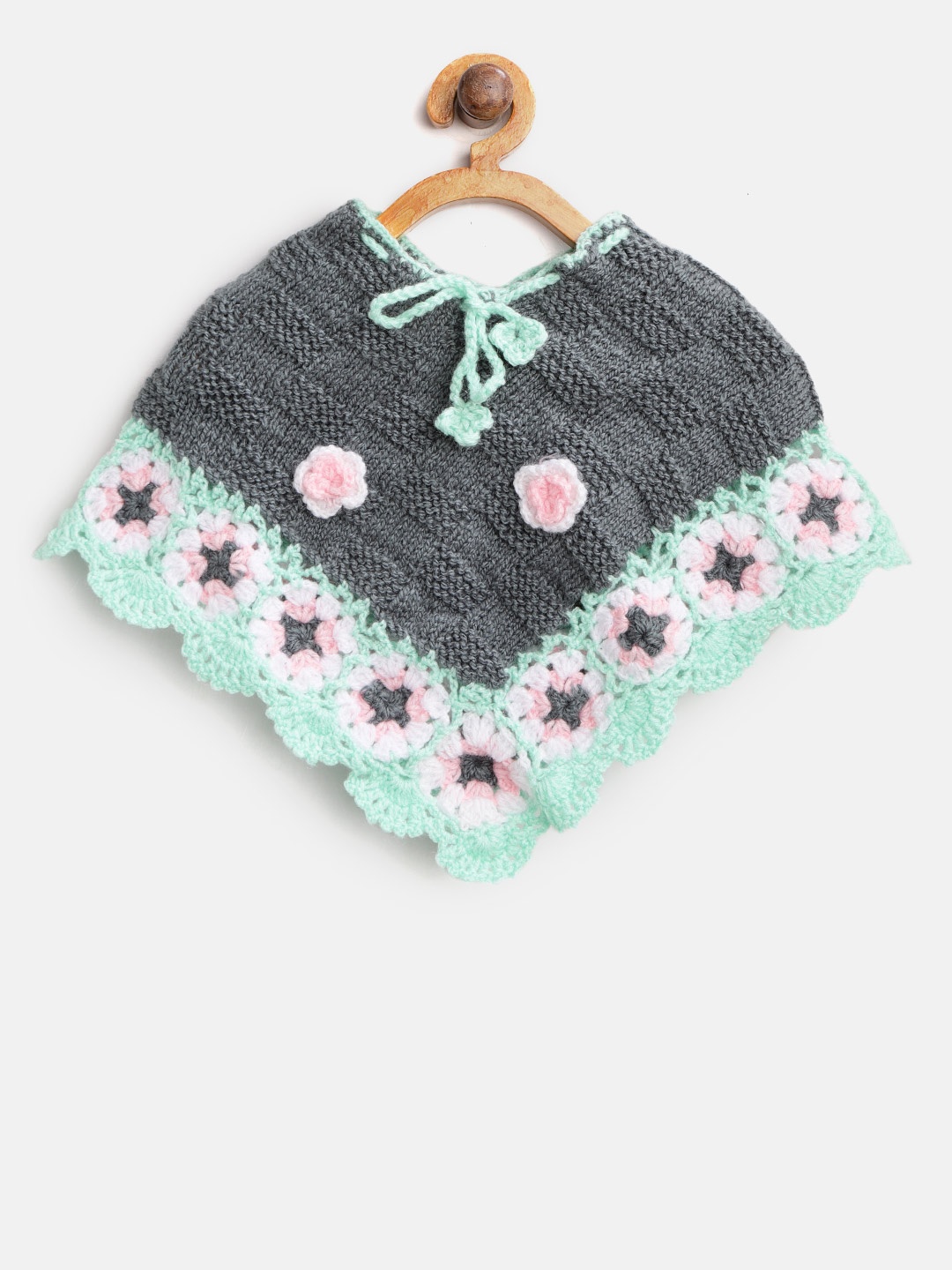 

CHUTPUT Girls Charcoal Grey & Green Self-Checked Poncho