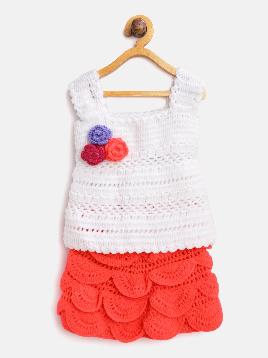 

CHUTPUT Girls White & Coral Pink Open Knit Top with Skirt