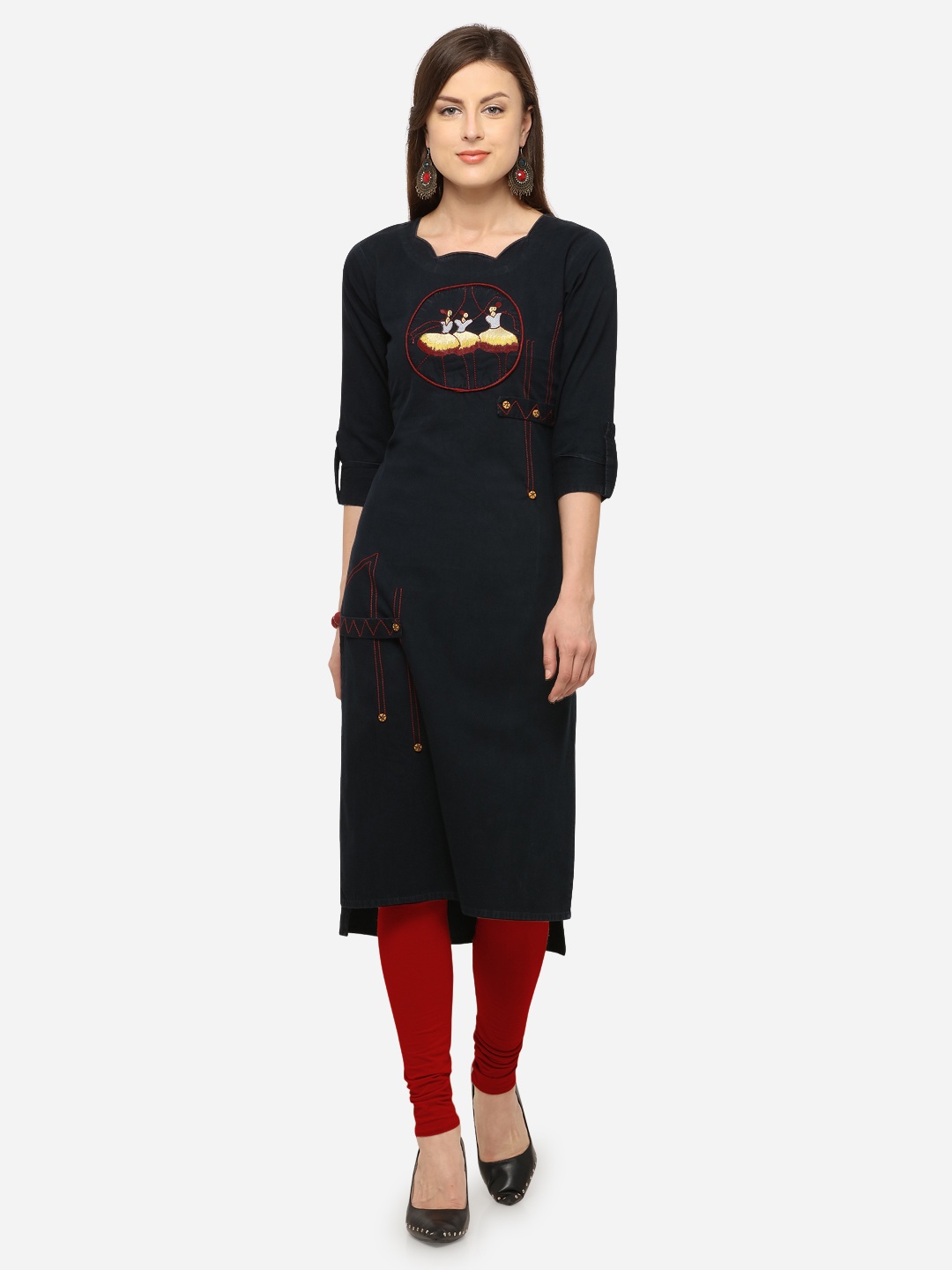 

Kvsfab Women Black Embroidered Straight Kurta
