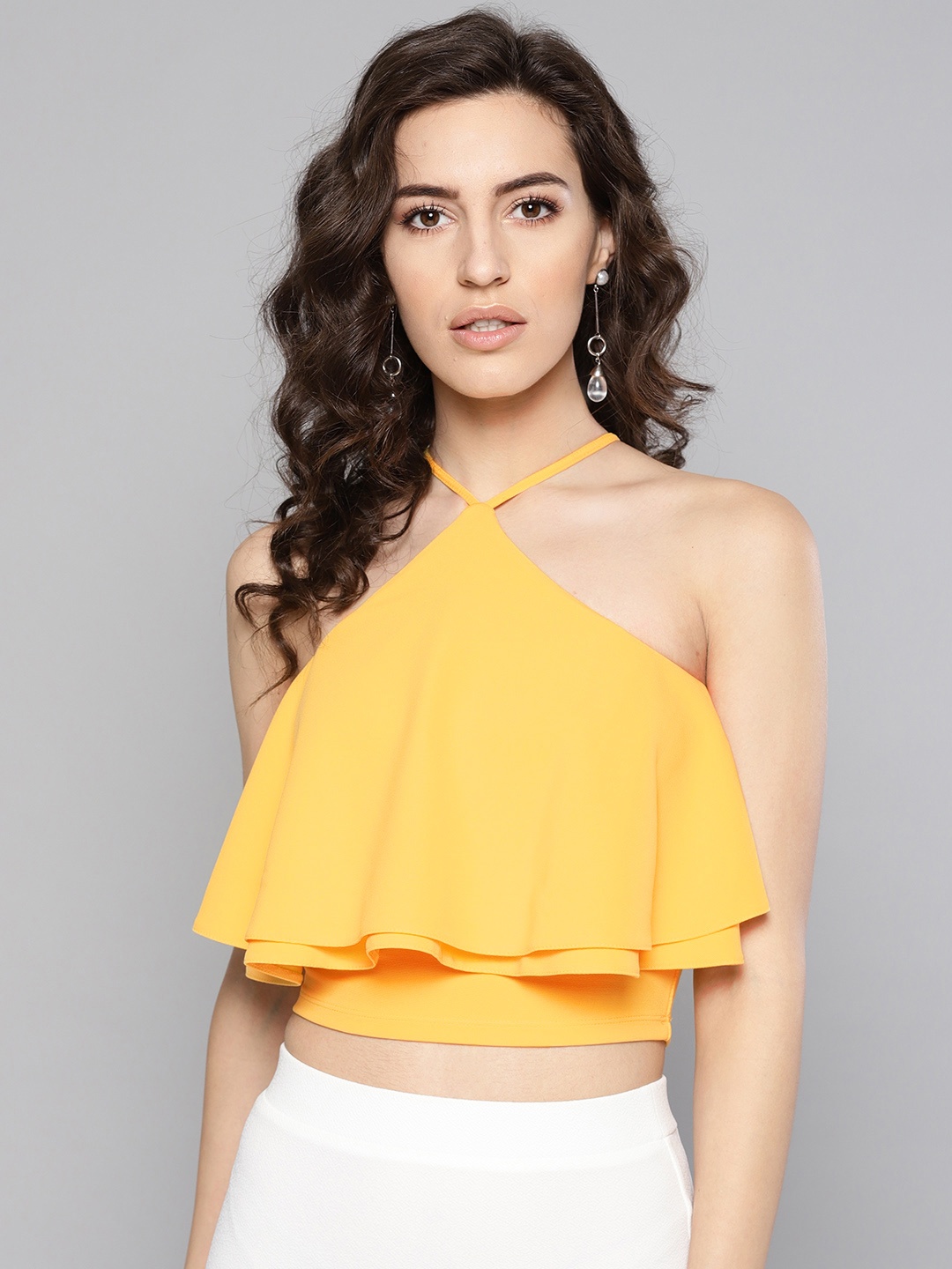 

Veni Vidi Vici Women Yellow Solid Crop Layered Fitted Top