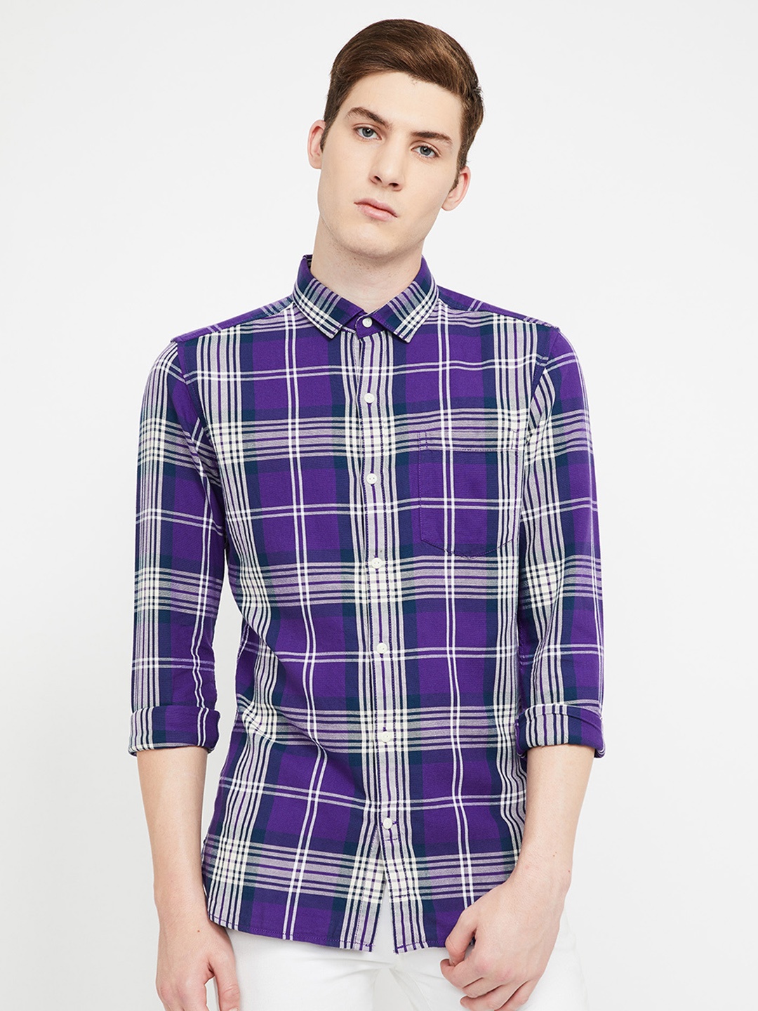 

UCLA Men Purple & White Slim Fit Checked Casual Shirt