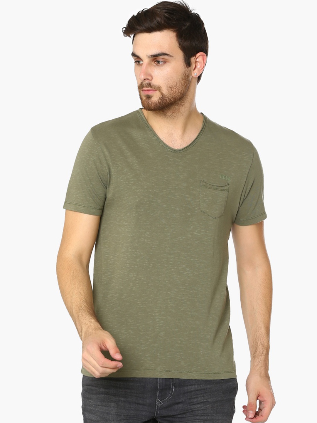 

UCLA Men Olive Green Solid V-Neck T-shirt