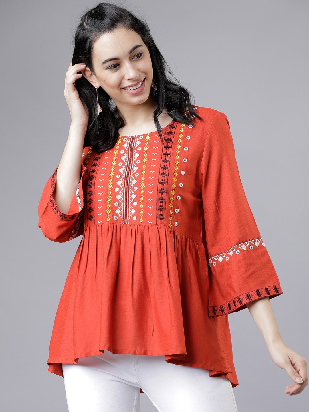 

Vishudh Women Rust Printed High-Low Top