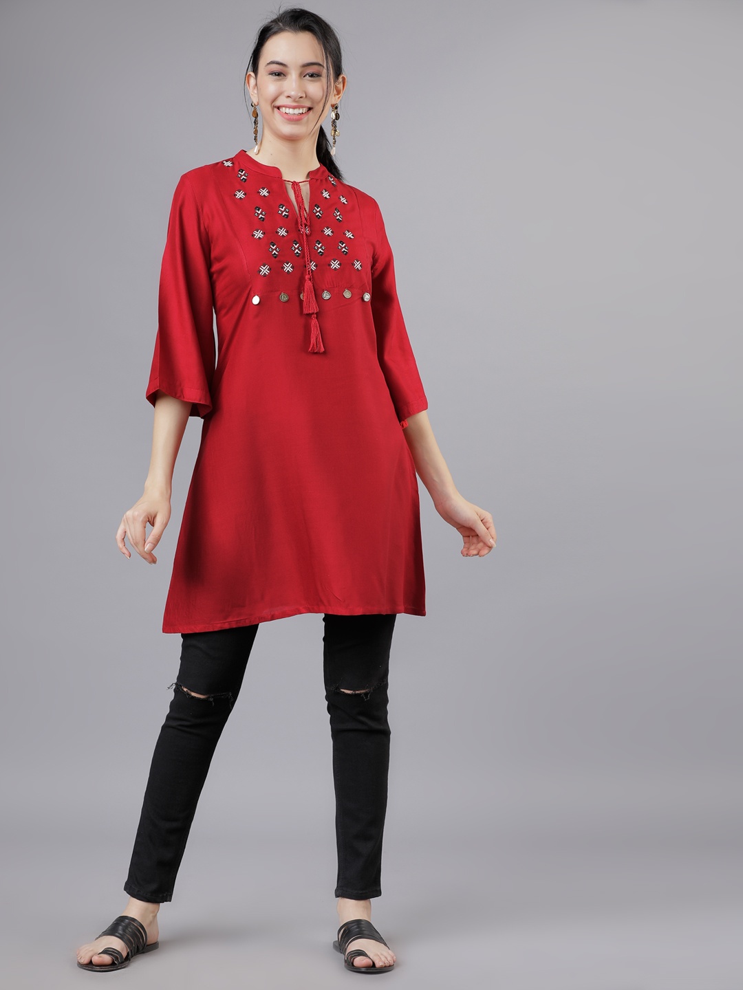 

Vishudh Red Yoke Embroidered Tunic