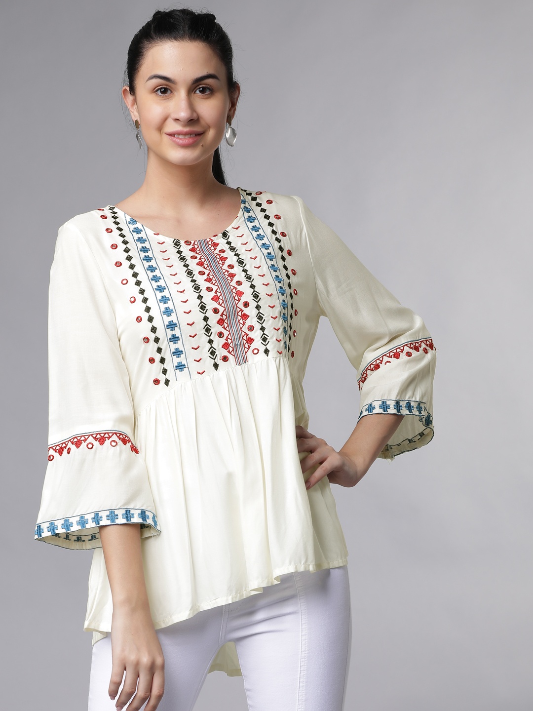 

Vishudh Women Off-White Printed High-Low Top