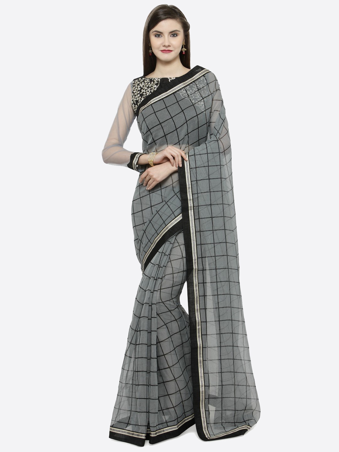 

Shaily Grey Checked Net Saree