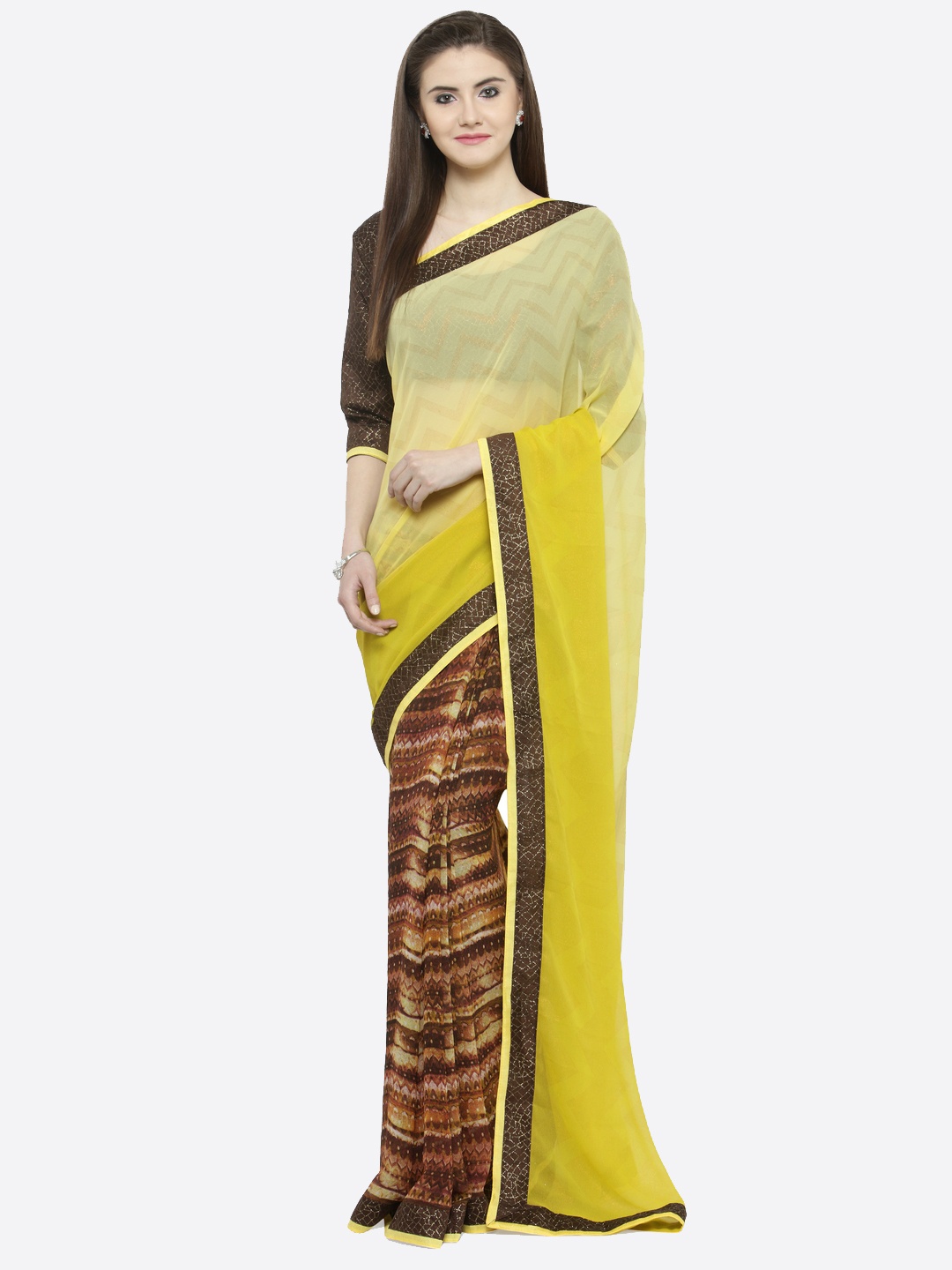 

Shaily Yellow & Brown Pure Georgette Printed Saree