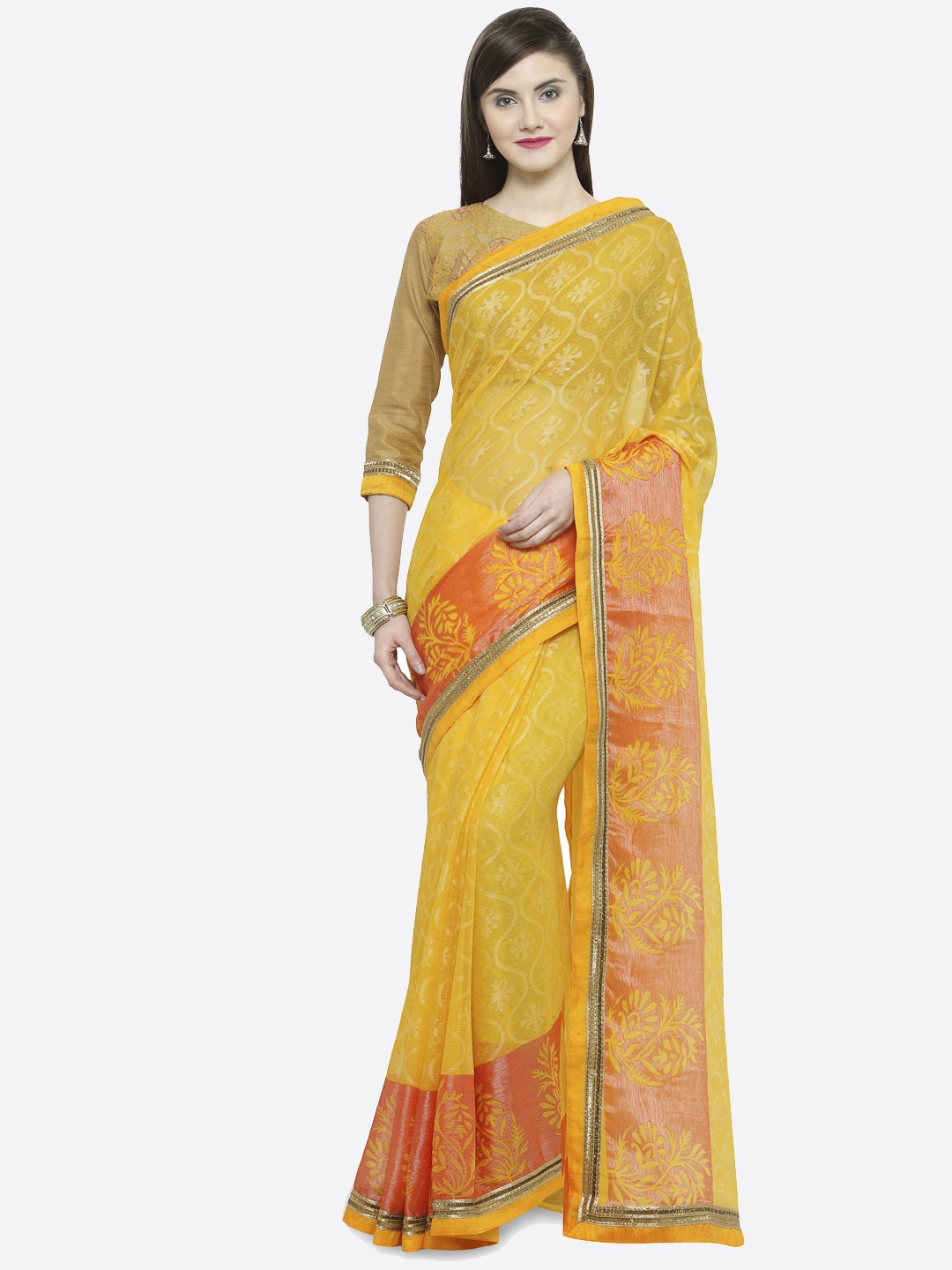 

Shaily Yellow Printed Silk Blend Saree