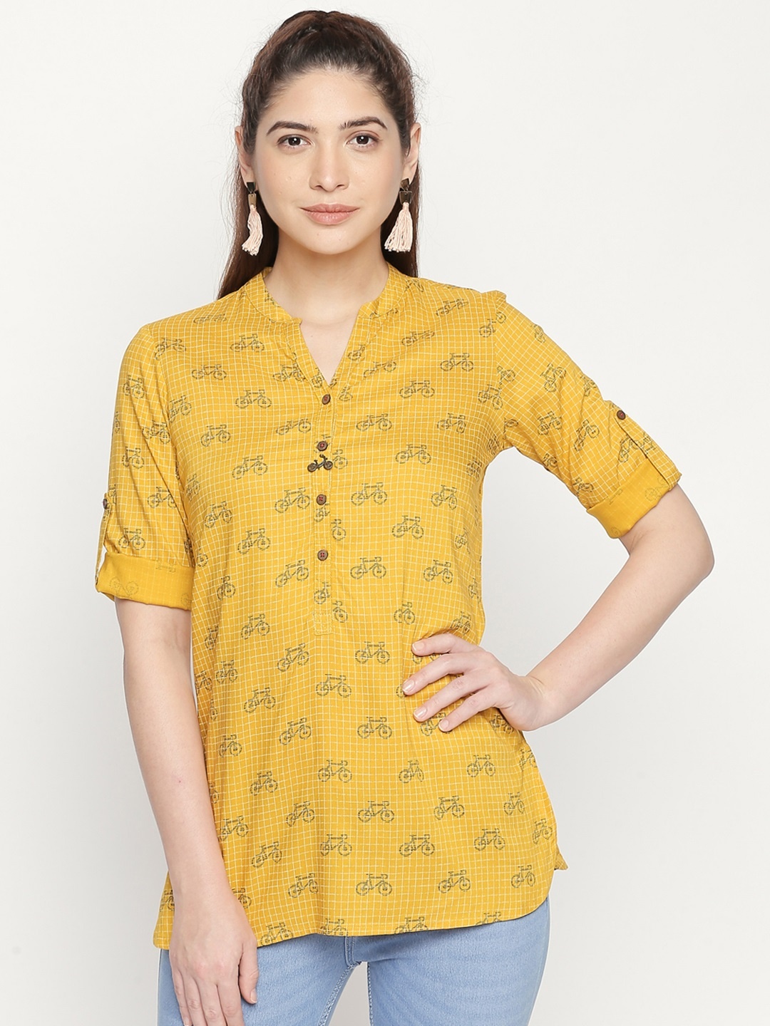 

AKKRITI BY PANTALOONS Women Yellow Conversational Printed Shirt Style Top