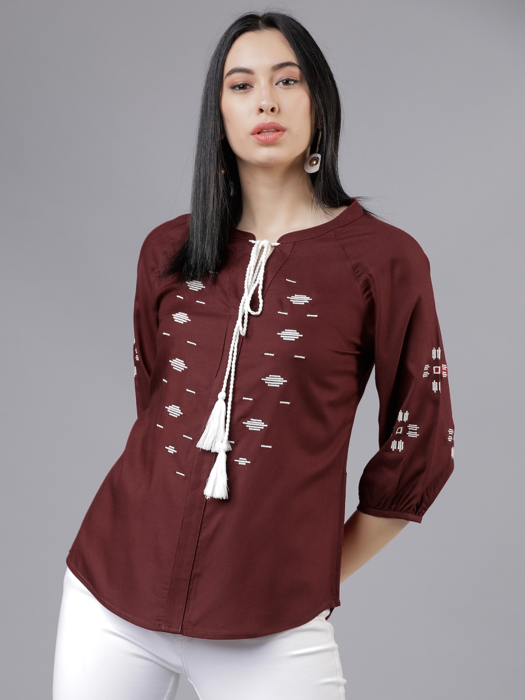 

Tokyo Talkies Women Maroon Embroidered Top