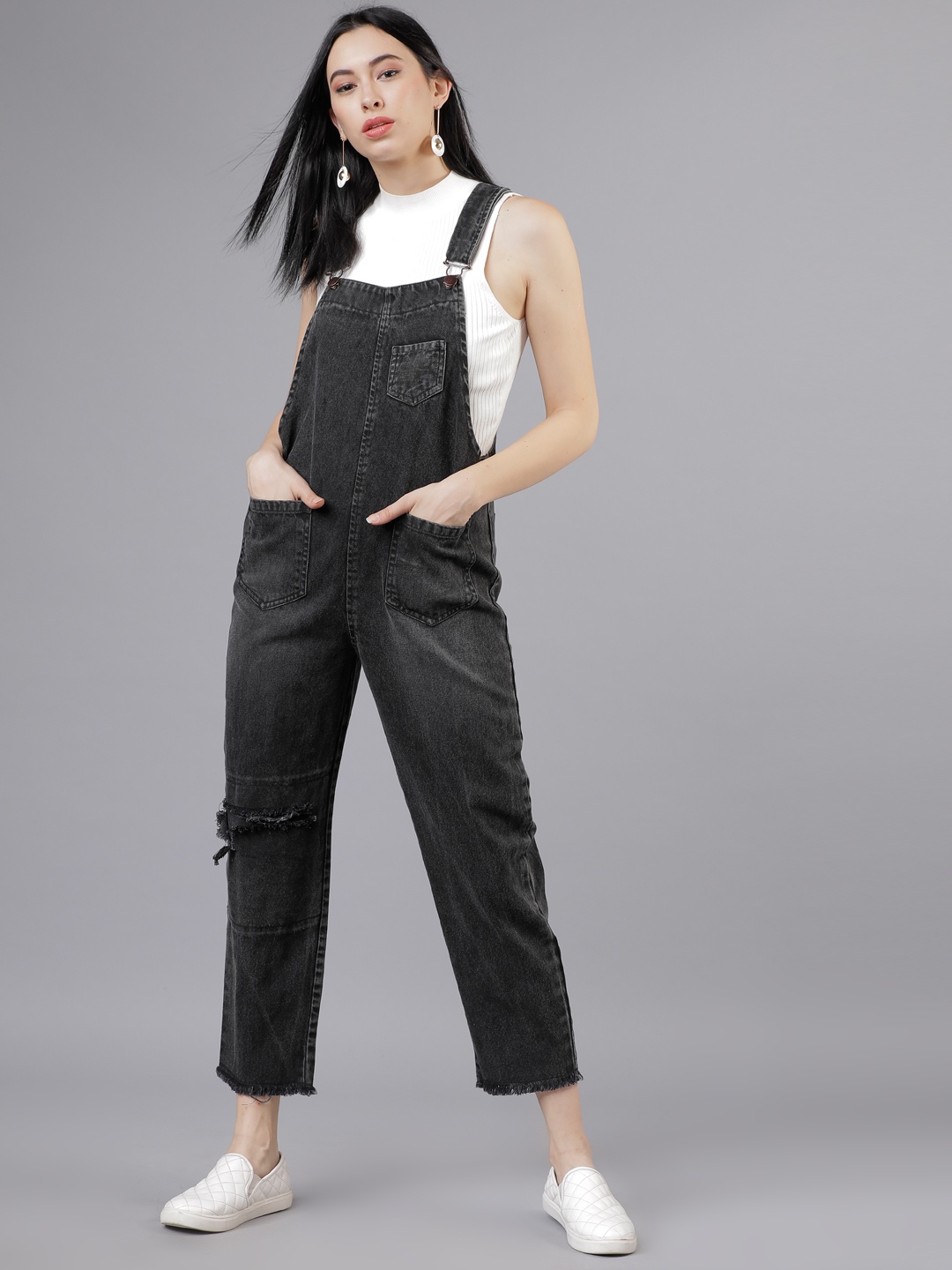 

Tokyo Talkies Women Charcoal Grey Washed Dungarees