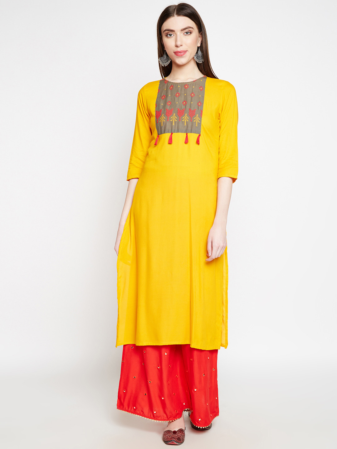 

Be Indi Women Mustard Yellow Yoke Design Straight Kurta