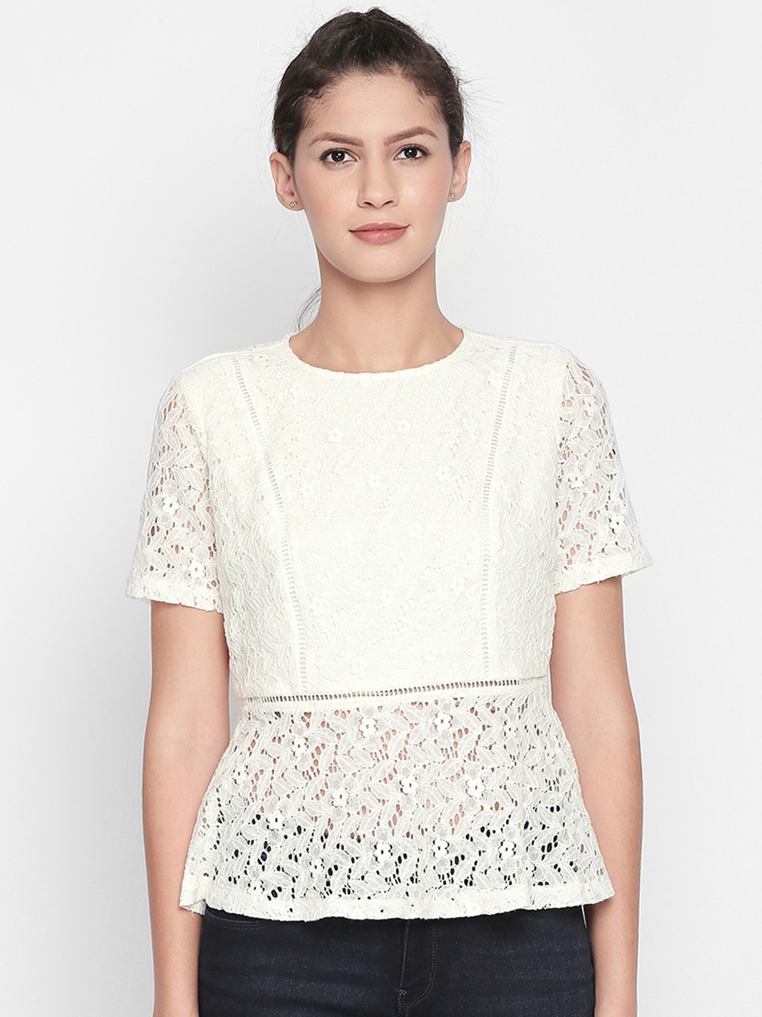 

Annabelle by Pantaloons Women Off-White Self Design Peplum Pure Cotton Top