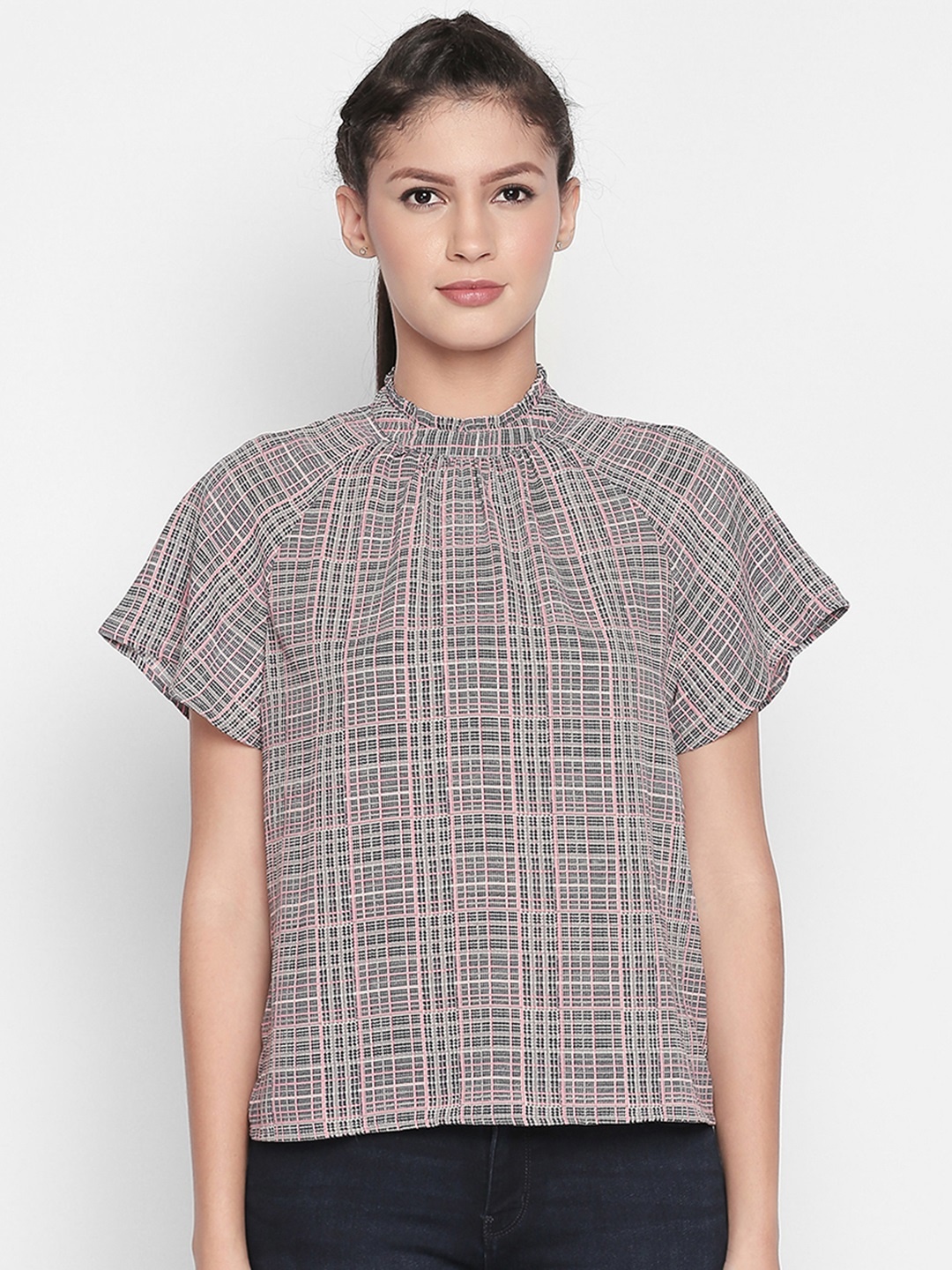 

Annabelle by Pantaloons Women Grey & Pink Checked Top