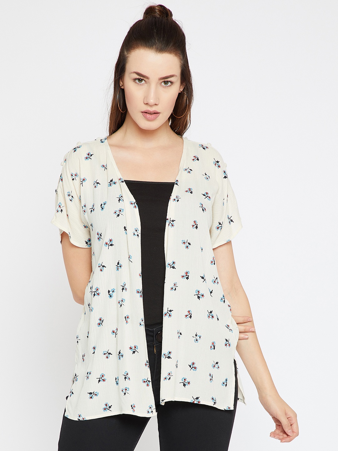 

Marie Claire Women Off-White & Blue Printed Open Front Shrug