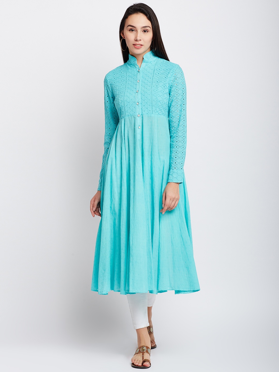 

PANIT Women Blue Schiffli Embroidered Anarkali Kurta